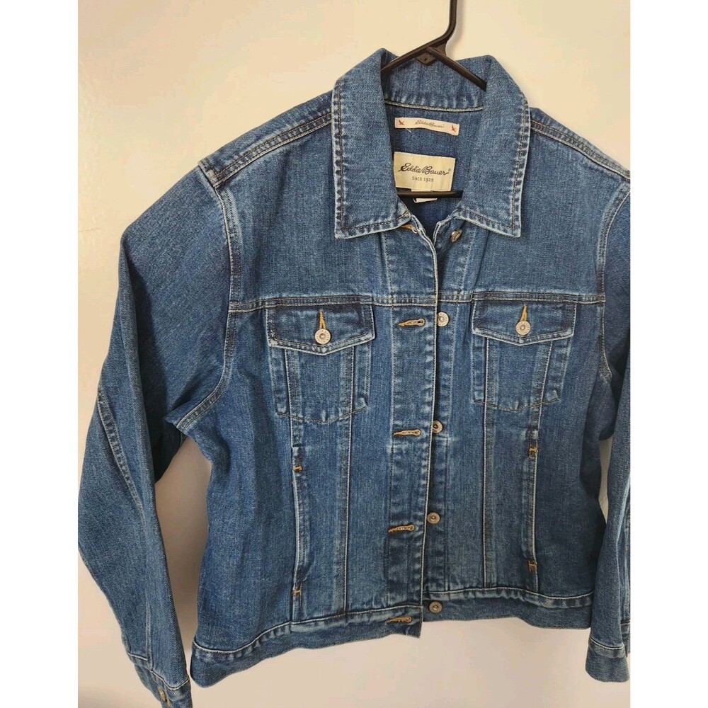 Vintage Eddie Bauer Trucker Jean Denim Jacket Blue Button Cotton - Size Large - Picture 3 of 6